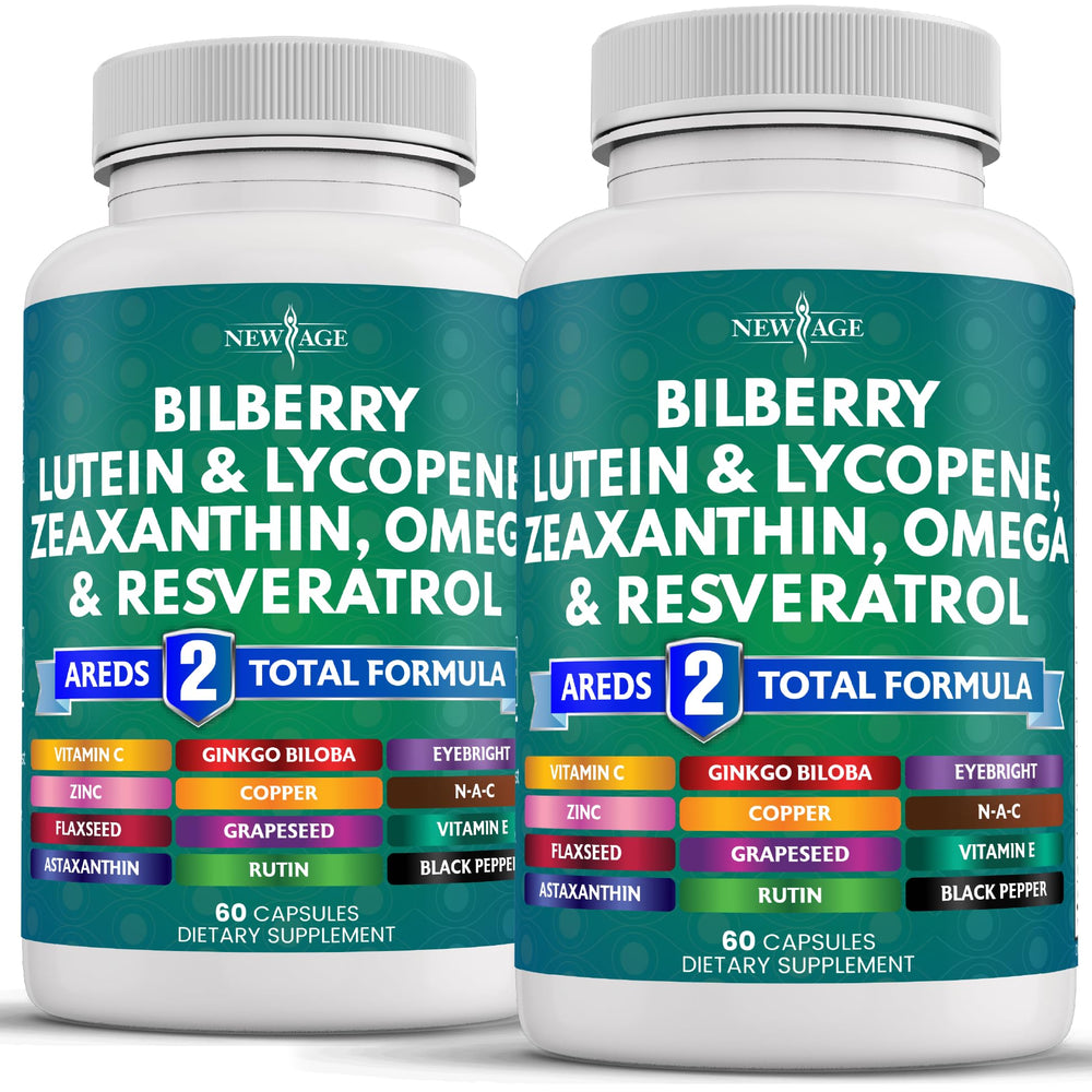 NEW AGE Eye Health Vitamin bottle highlighting bilberry and lutein for eye wellness