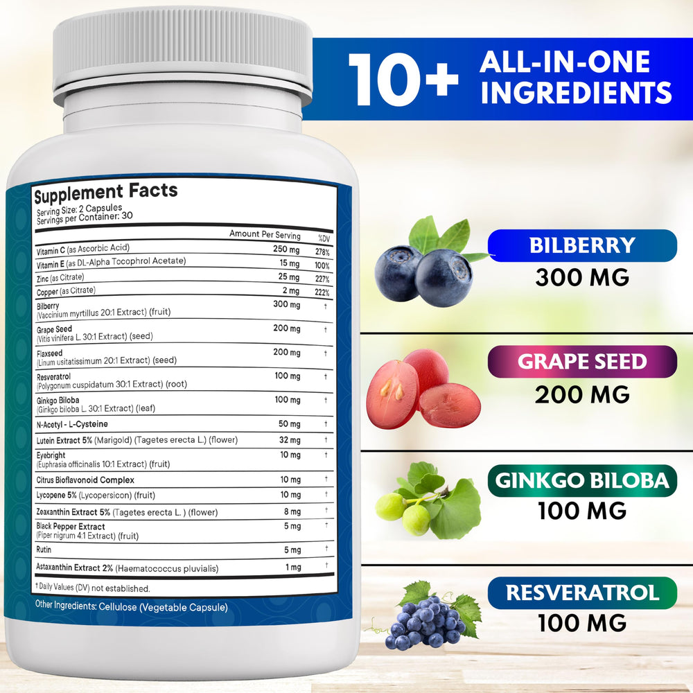 Close-up of NEW AGE eye health capsules showing antioxidant-rich formula