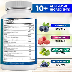 Close-up of NEW AGE eye health capsules showing antioxidant-rich formula