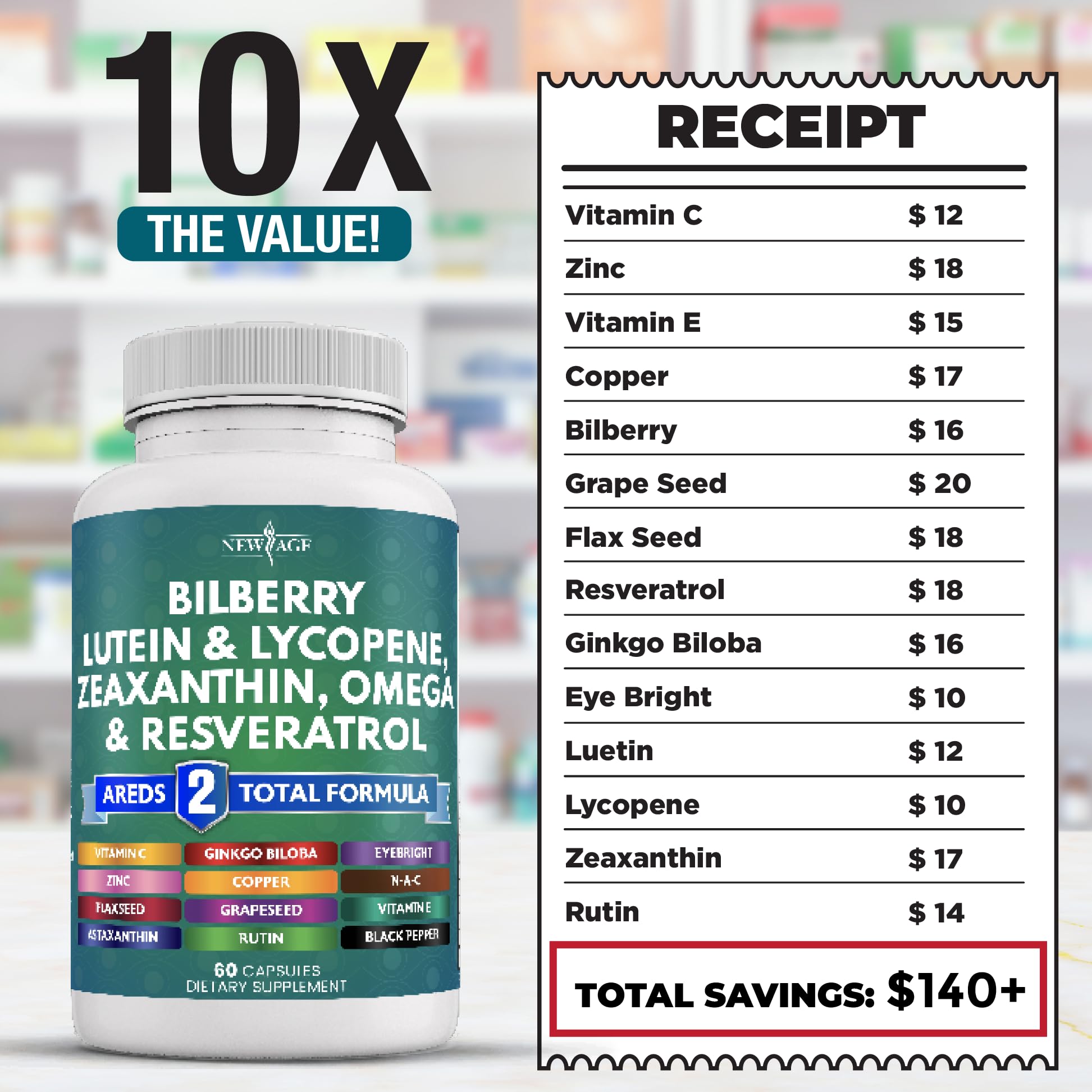 Illustration of key ingredients: bilberry, lutein, zeaxanthin, lycopene, resveratrol