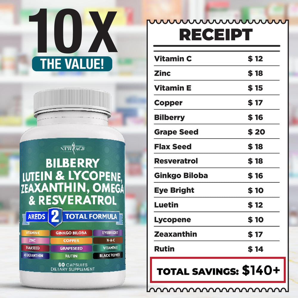 Illustration of key ingredients: bilberry, lutein, zeaxanthin, lycopene, resveratrol