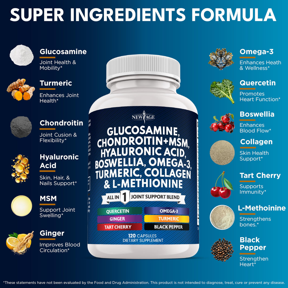 NEW AGE Glucosamine Chondroitin MSM bottle label close-up highlighting trusted ingredients.