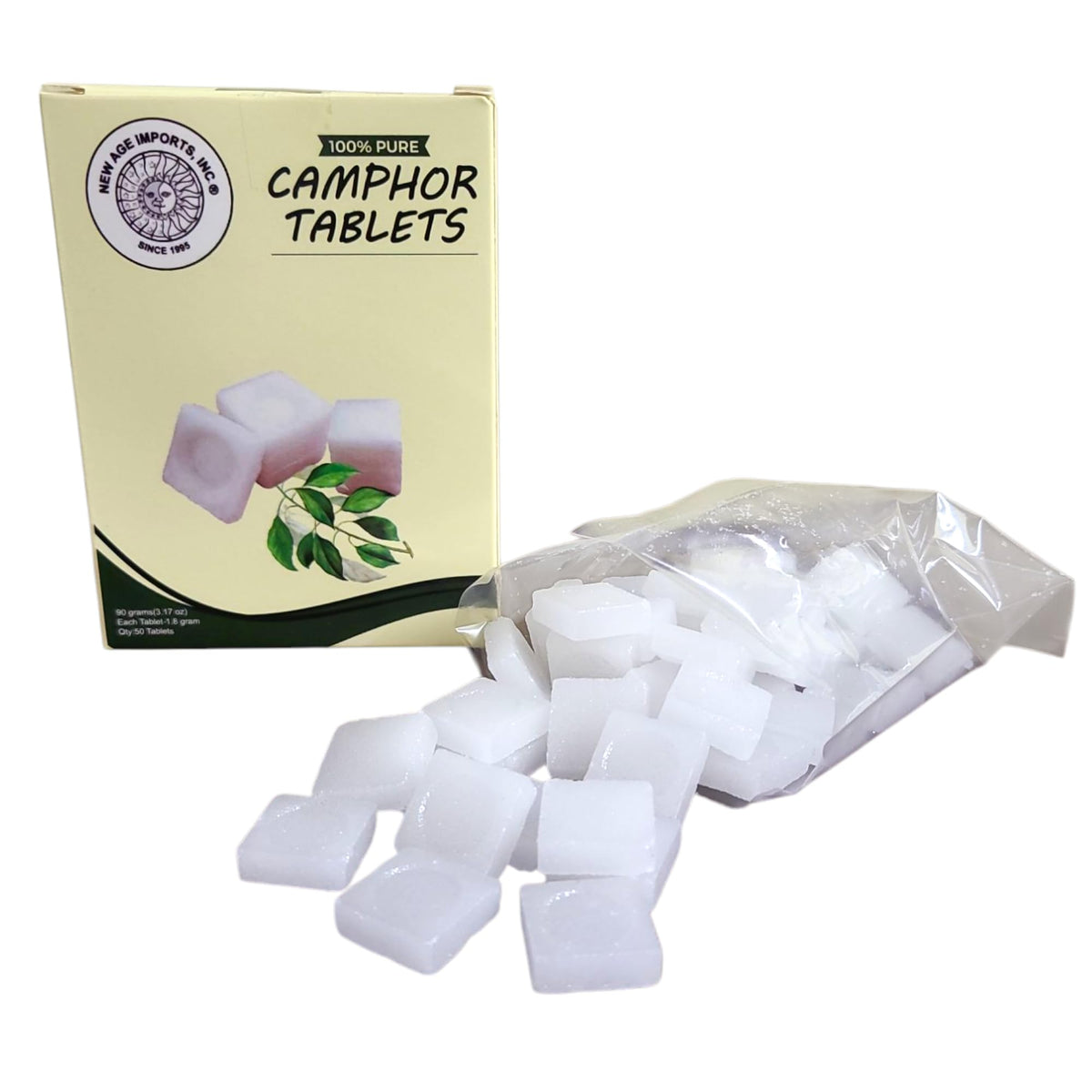New Age Imports camphor tablets pack 90g for incense and aromatherapy.