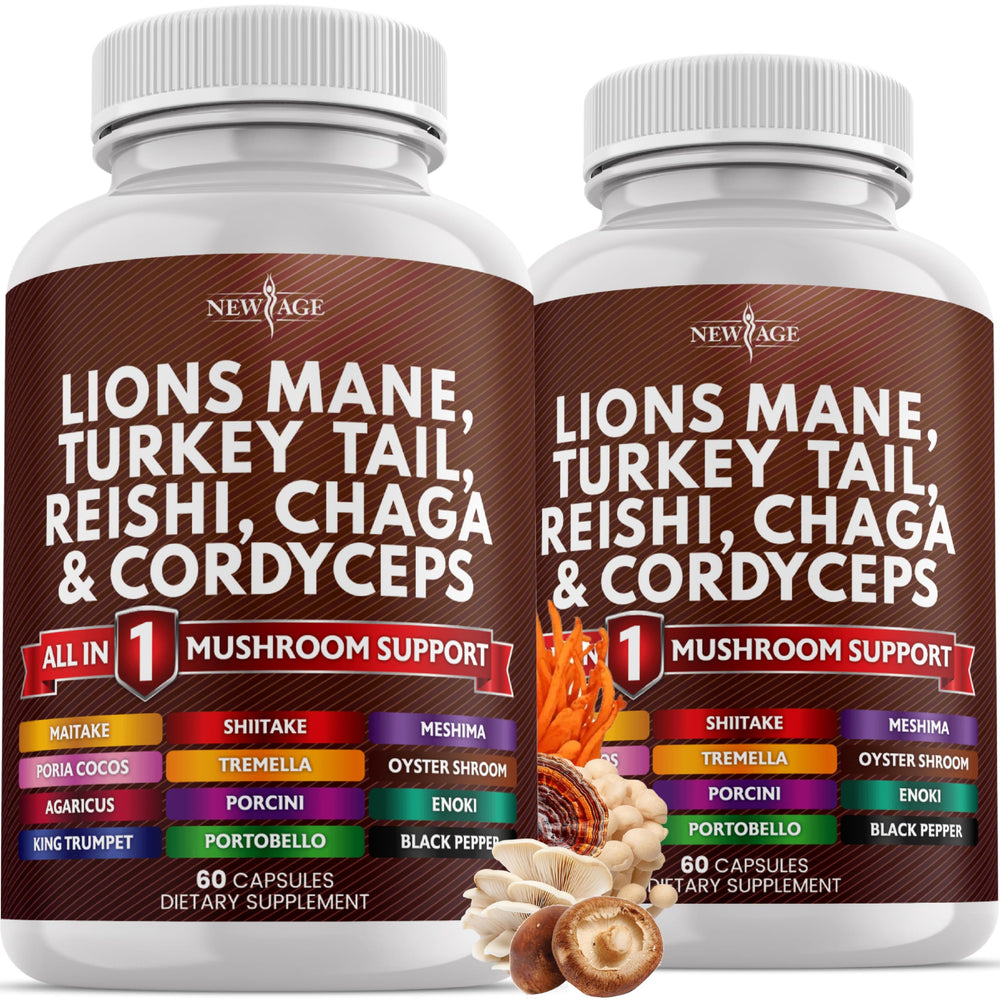 NEW AGE Lions Mane bottle close-up showing 20-in-1 mushroom blend for daily focus.