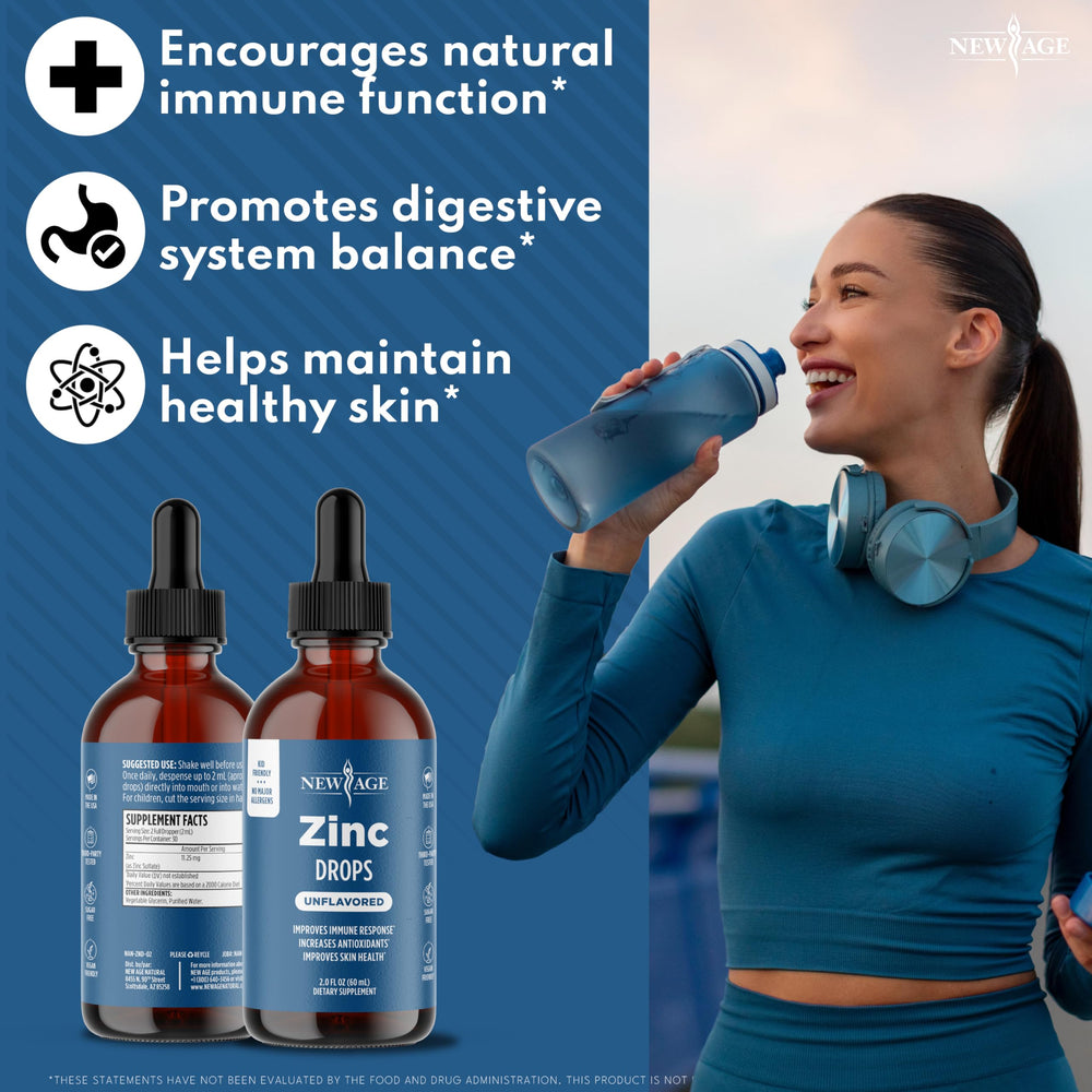 NEW AGE Liquid Zinc Drops dropper shot illustrating easy dosing at home for convenience.