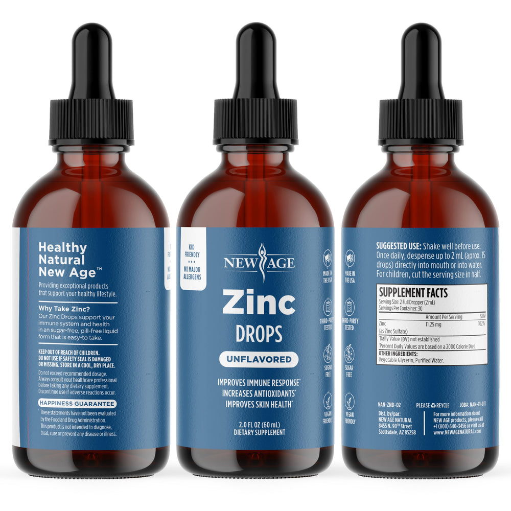 NEW AGE Zinc Drops dosage guide image helps families plan use.