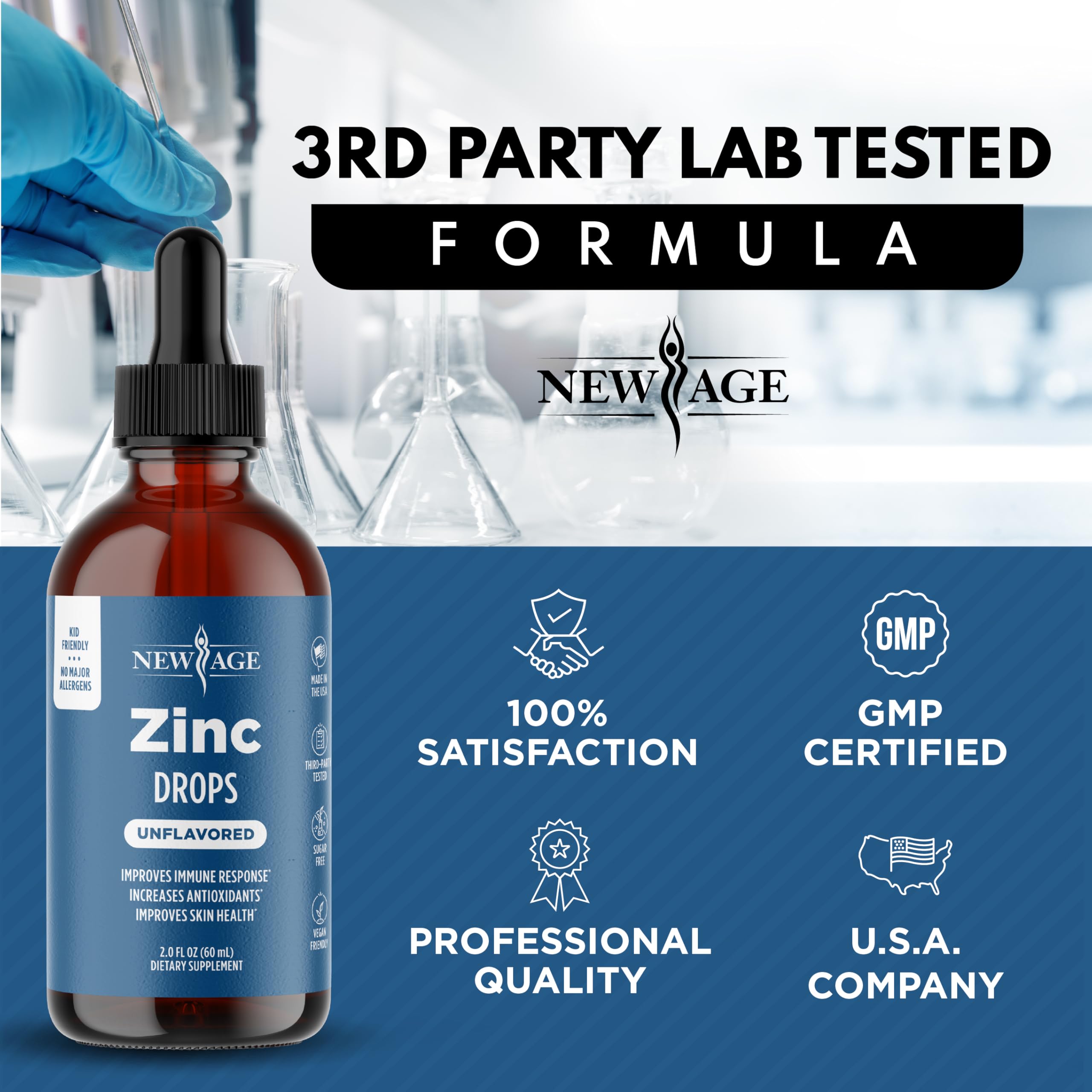 NEW AGE Zinc Drops bottle shows all-ages use imagery for family health.