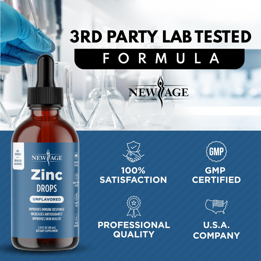 NEW AGE Zinc Drops bottle shows all-ages use imagery for family health.