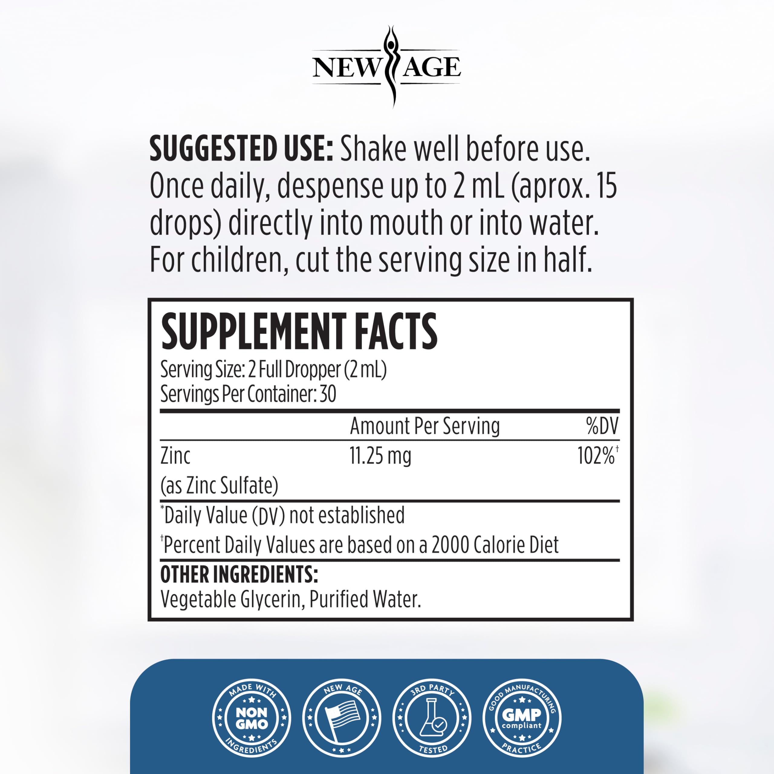 NEW AGE Liquid Zinc Drops ingredients label highlights zinc sulfate for transparency.