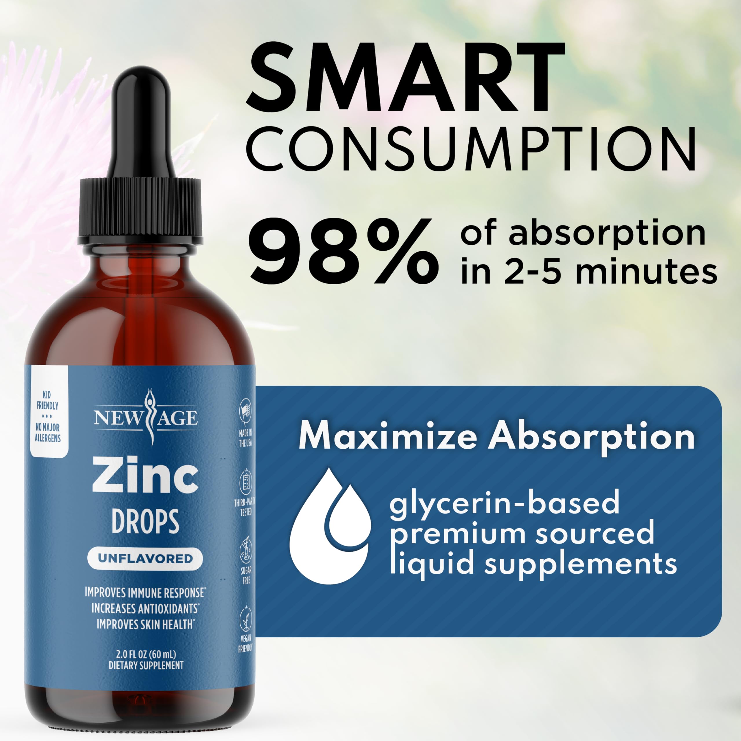 NEW AGE Liquid Zinc Drops vegan and non-GMO certified for clean ingredients.