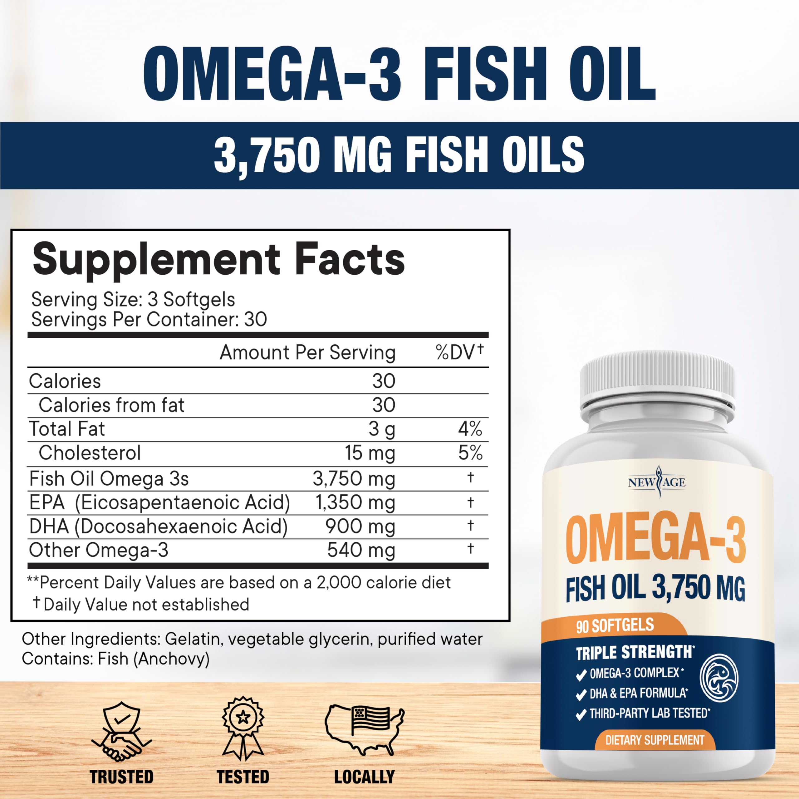 NEW AGE Omega-3 details show 1350 mg EPA and 900 mg DHA per serving.