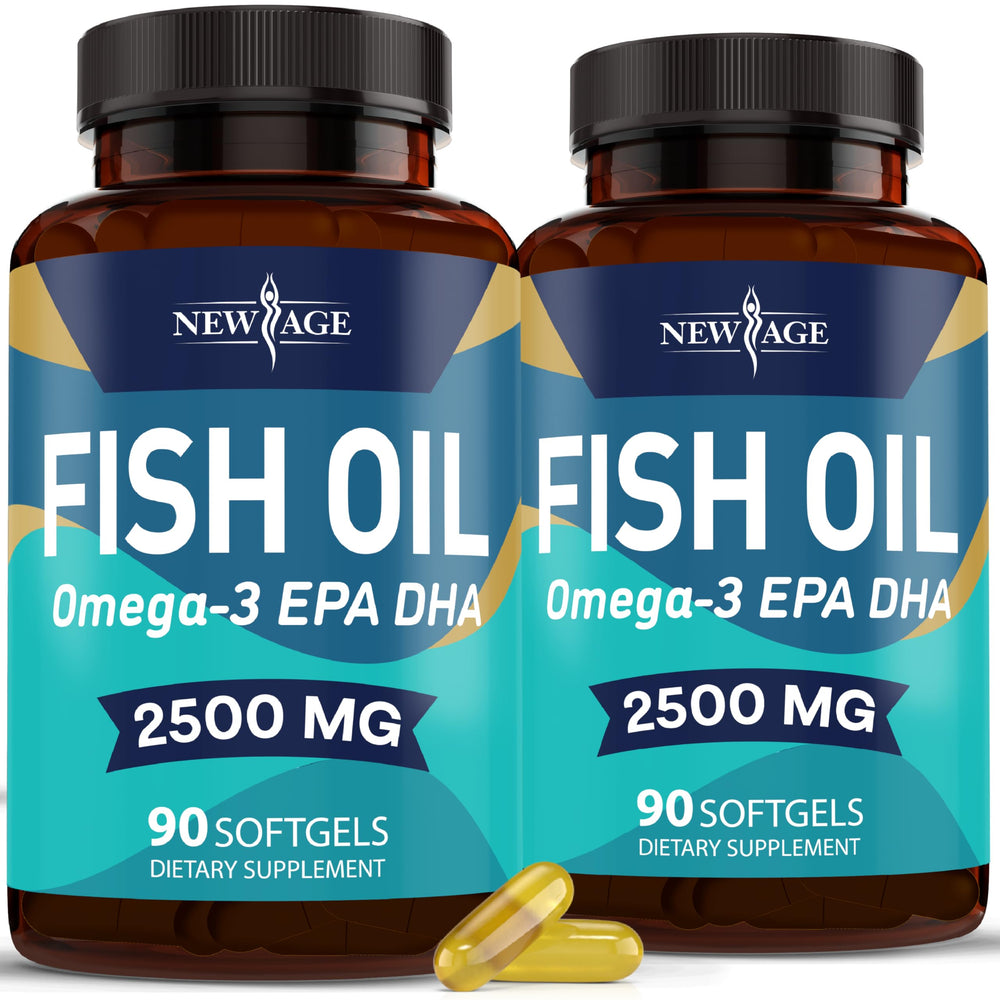 New Age Omega 3 bottle front showing 180 softgels for daily support