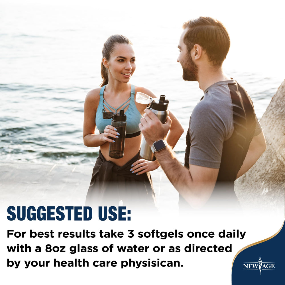 NEW AGE Omega-3 bottle label highlights freshness and daily support.