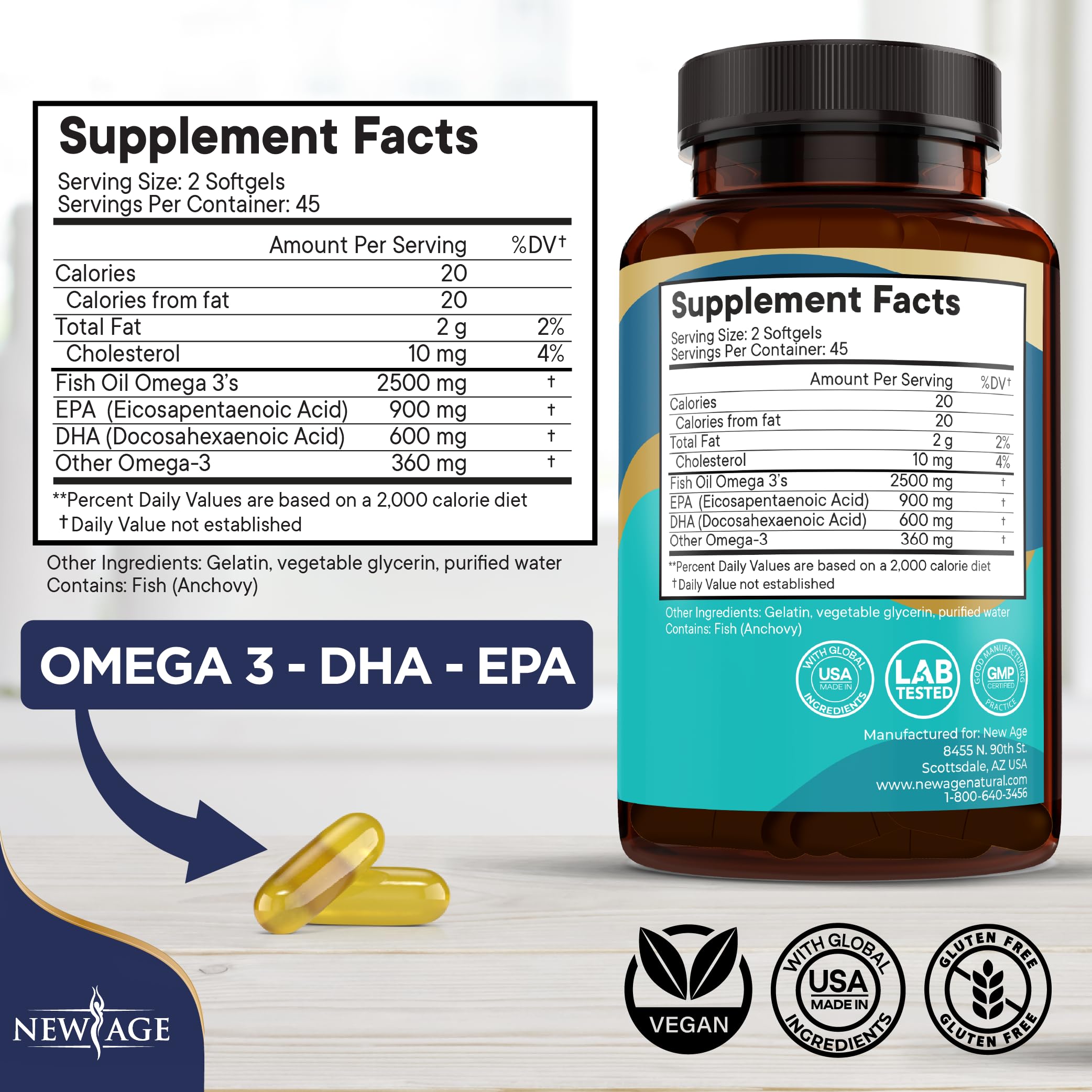 New Age Omega 3 softgels close-up highlighting burpless, easy-swallow design