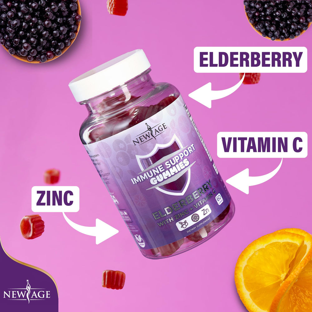 Two NEW AGE immune gummies bottles on a shelf