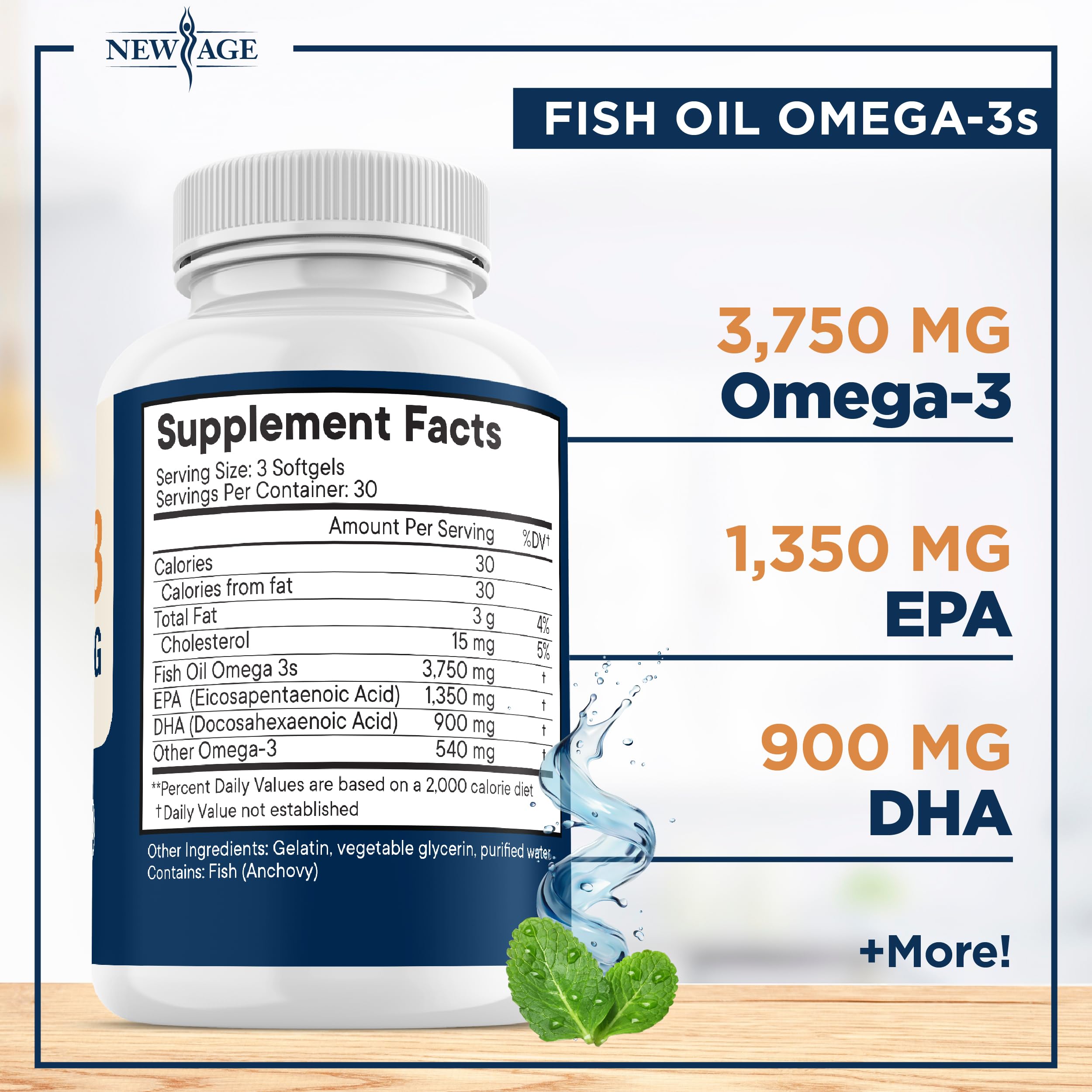 NEW AGE Omega-3 softgels highlight concentrated EPA and DHA for balanced intake.
