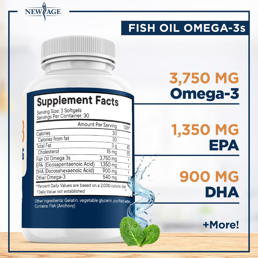 NEW AGE Omega-3 softgels highlight concentrated EPA and DHA for balanced intake.