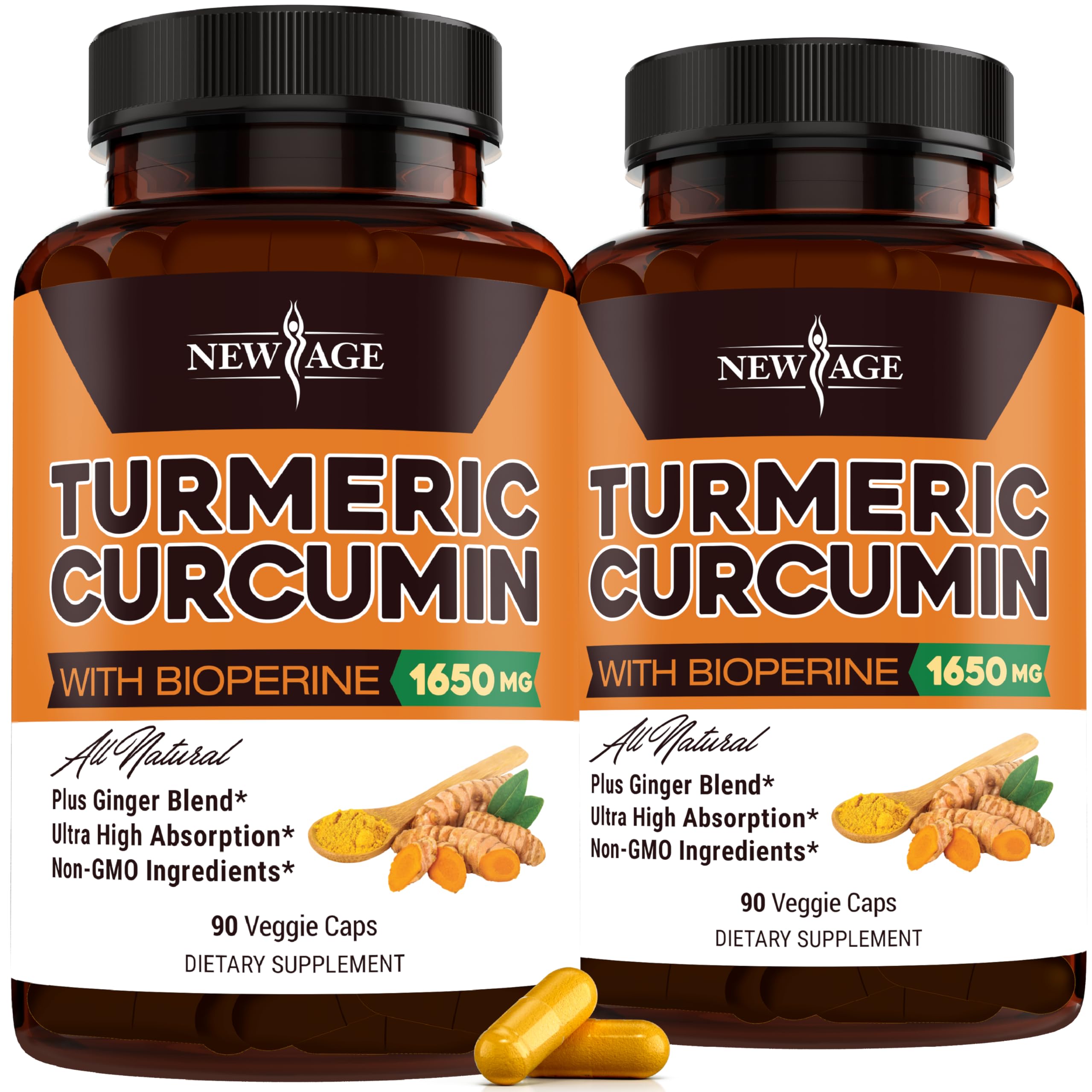 NEW AGE Turmeric Curcumin Capsules bottle front highlights standardized curcuminoids for consistent potency
