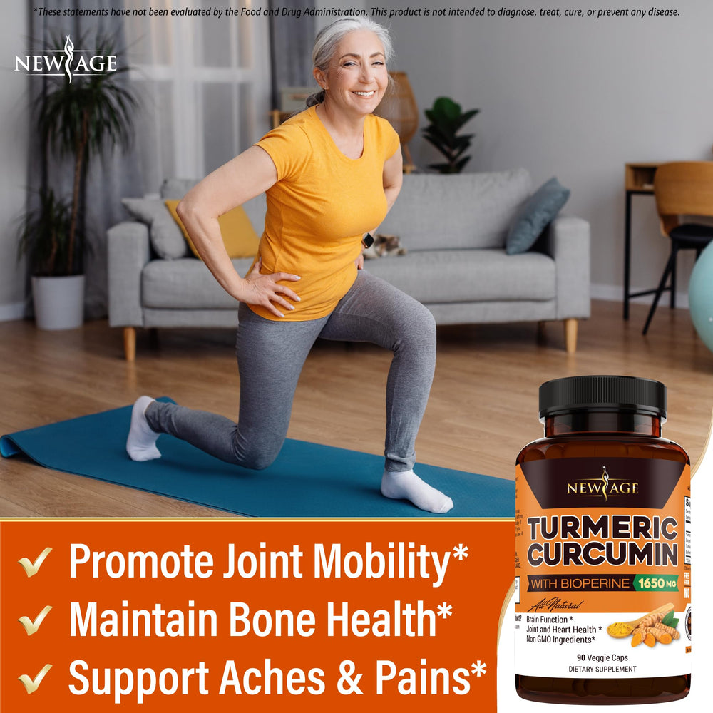 NEW AGE Turmeric Curcumin Capsules packaging shot showcases two 180-count bottles for value