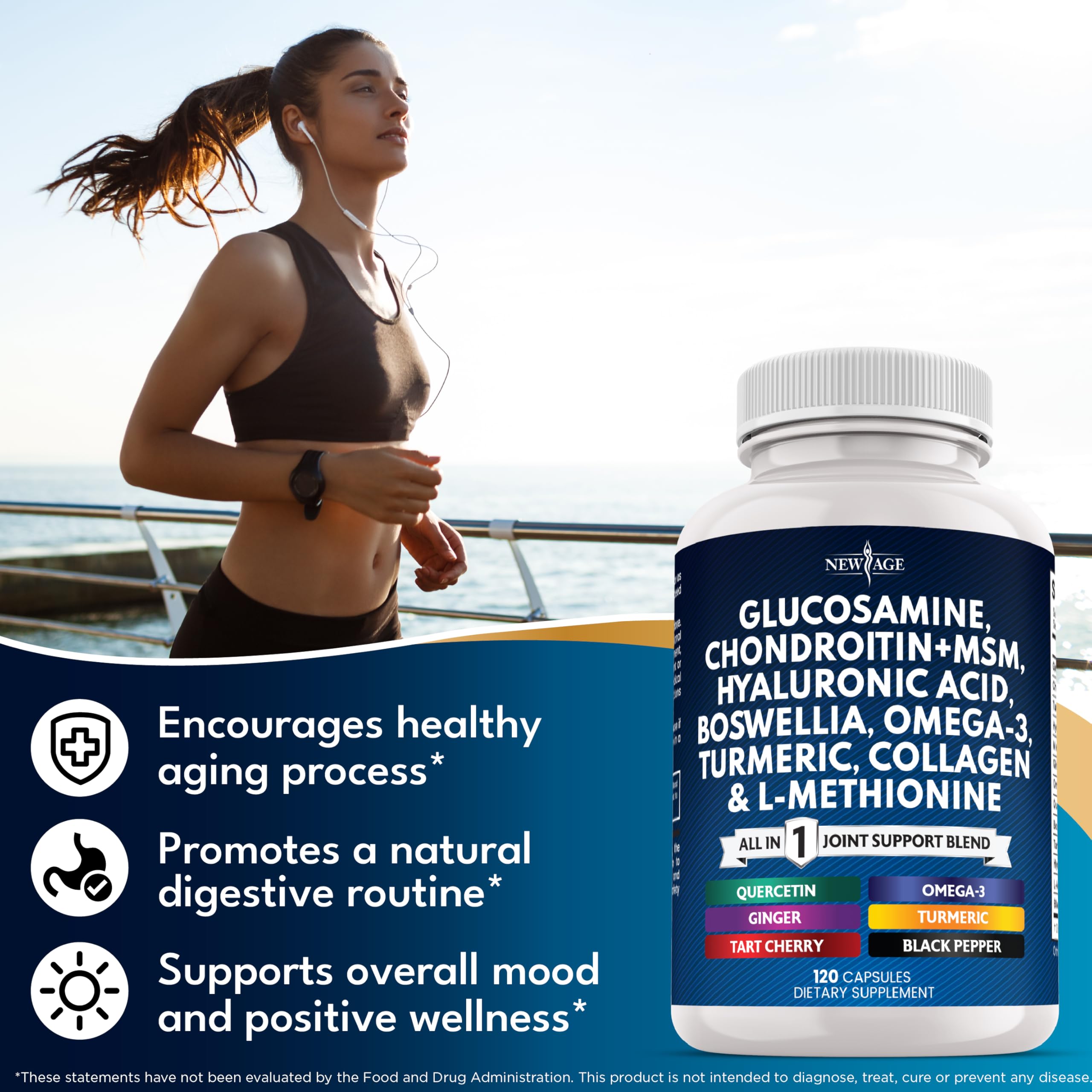 NEW AGE turmeric-curcumin collagen hyaluronic acid omega-3 capsules for overall wellness.