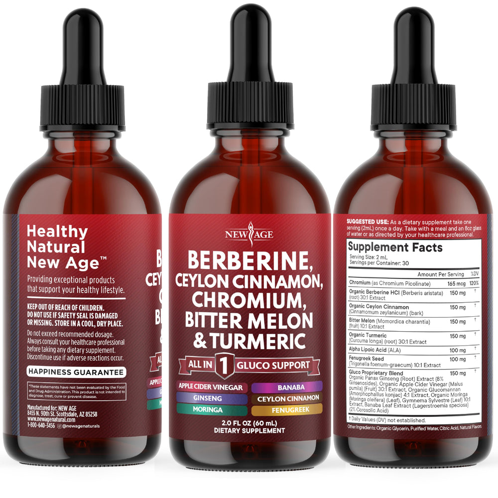NEW AGE glass bottle with label promotes USA brand quality and safe production