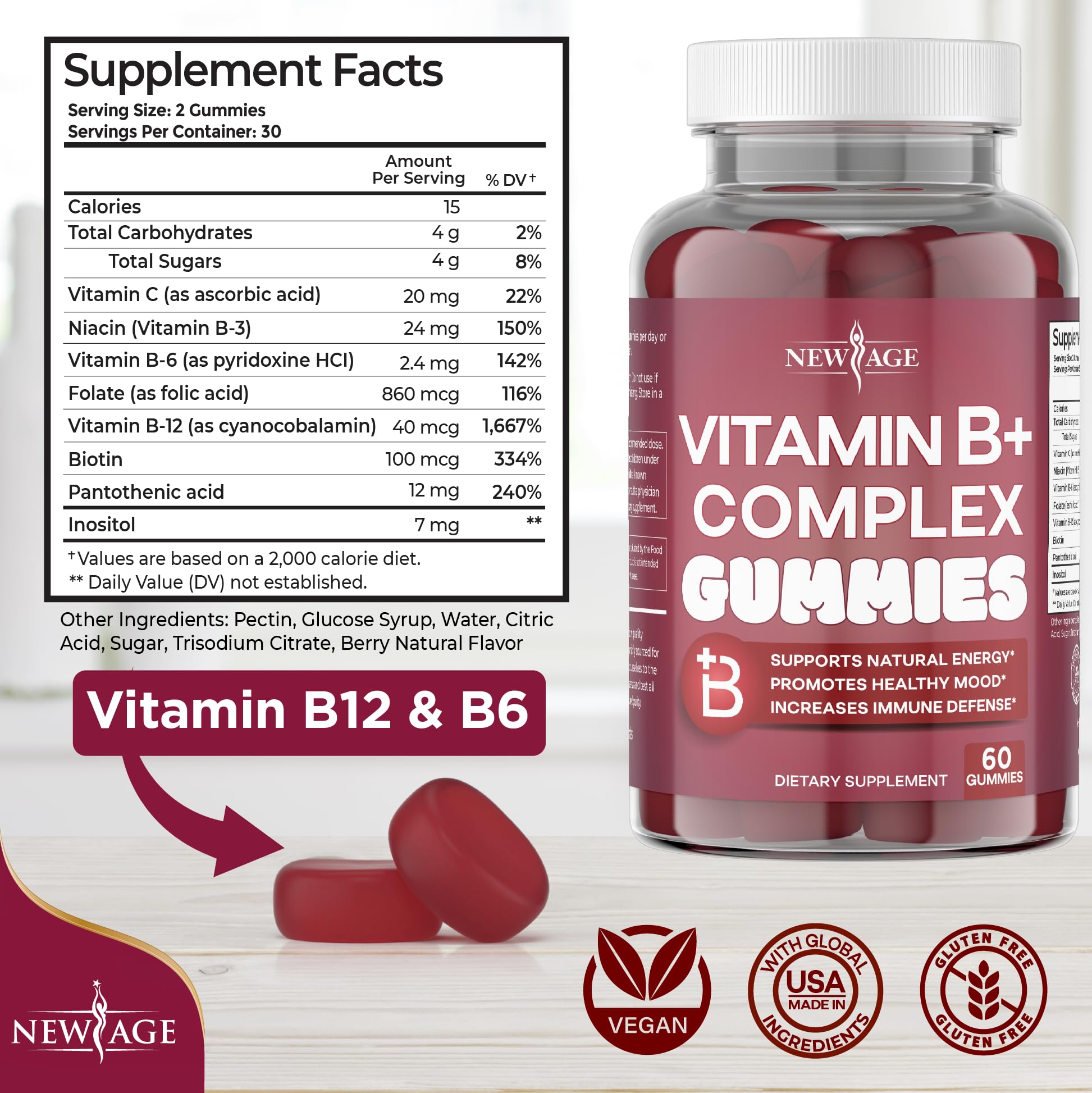 NEW AGE Vitamin B Complex Gummies close-up shows berry flavor and chewy texture