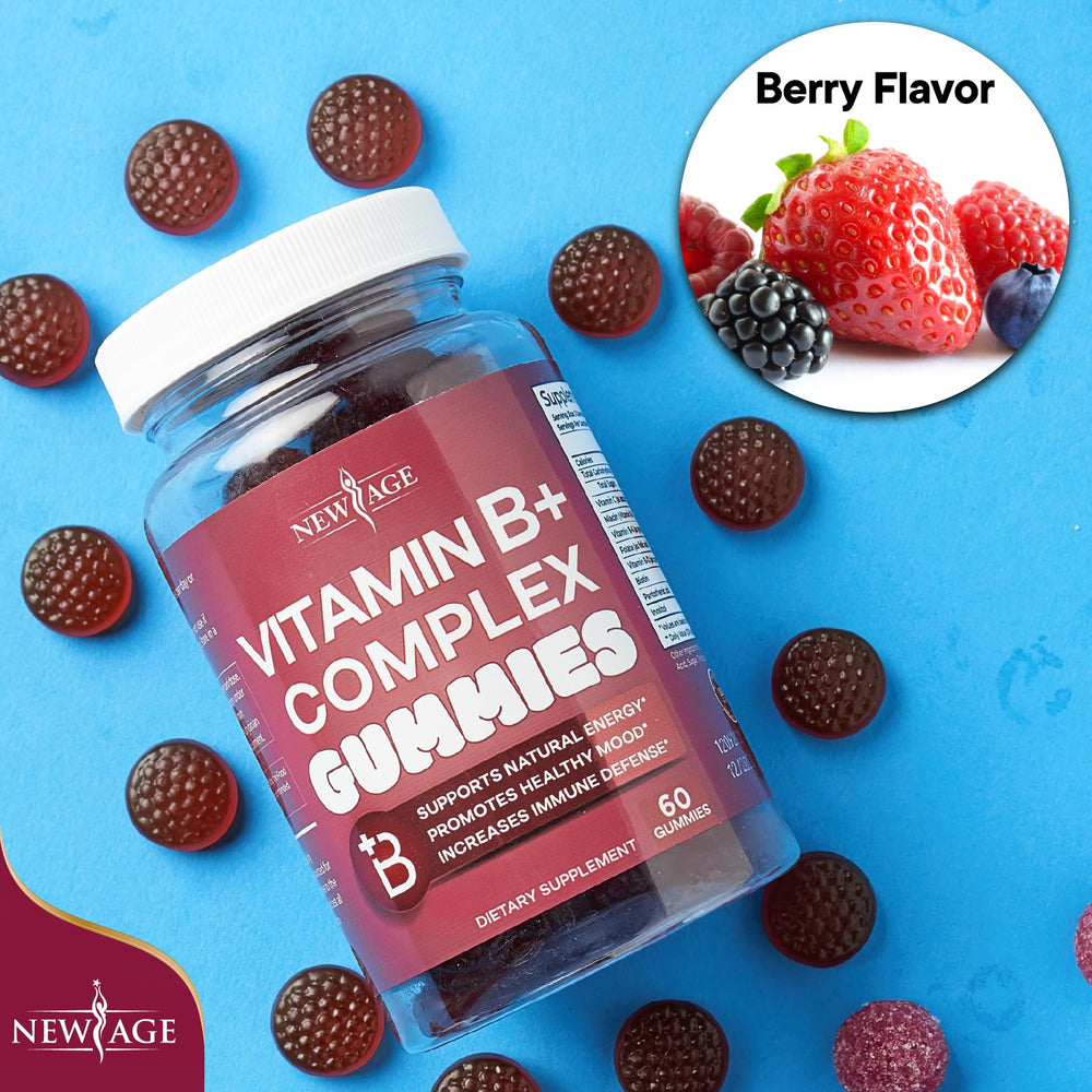 NEW AGE Vitamin B Complex Gummies gluten-free icon suggests allergy-friendly formulation