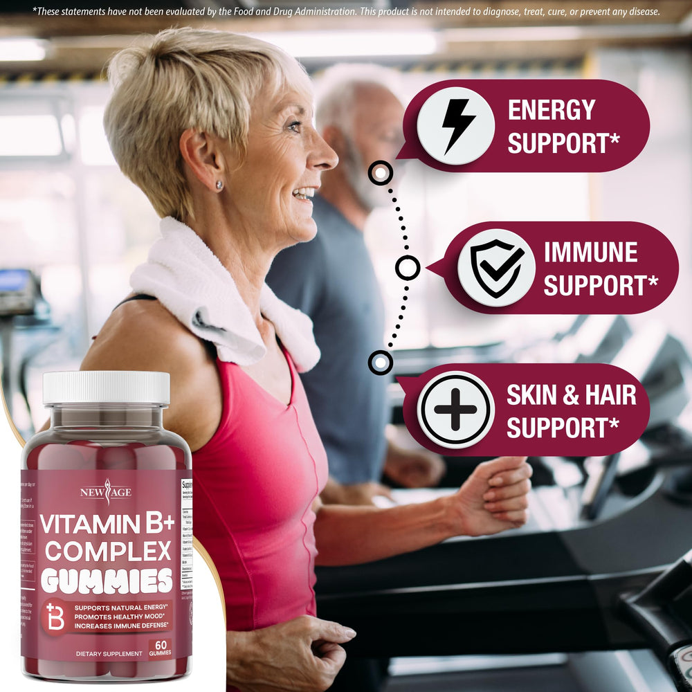 NEW AGE Vitamin B Complex Gummies ingredient panel emphasizes B vitamins and vitamin C