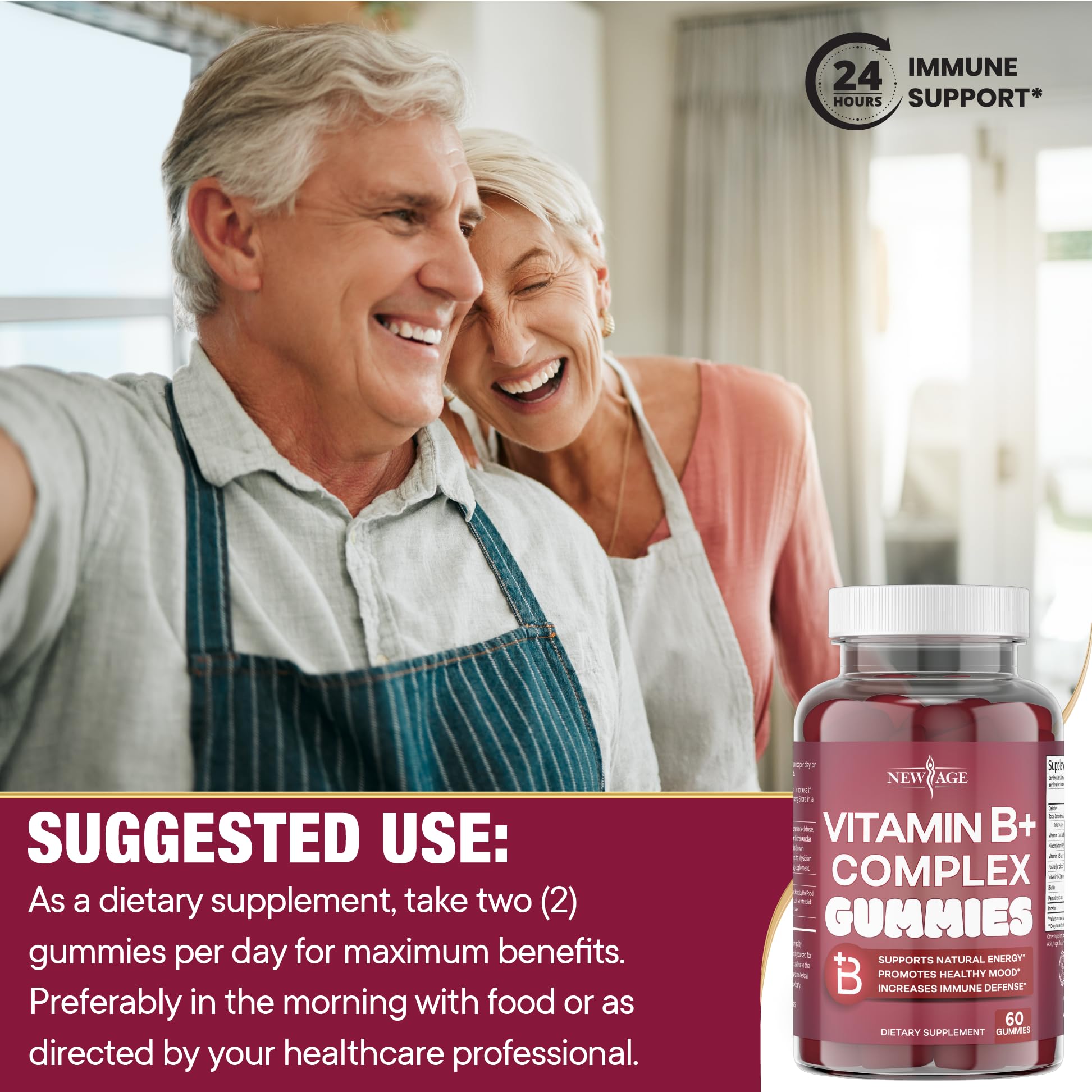 NEW AGE Vitamin B Complex Gummies vegan symbol highlights plant-based ingredients