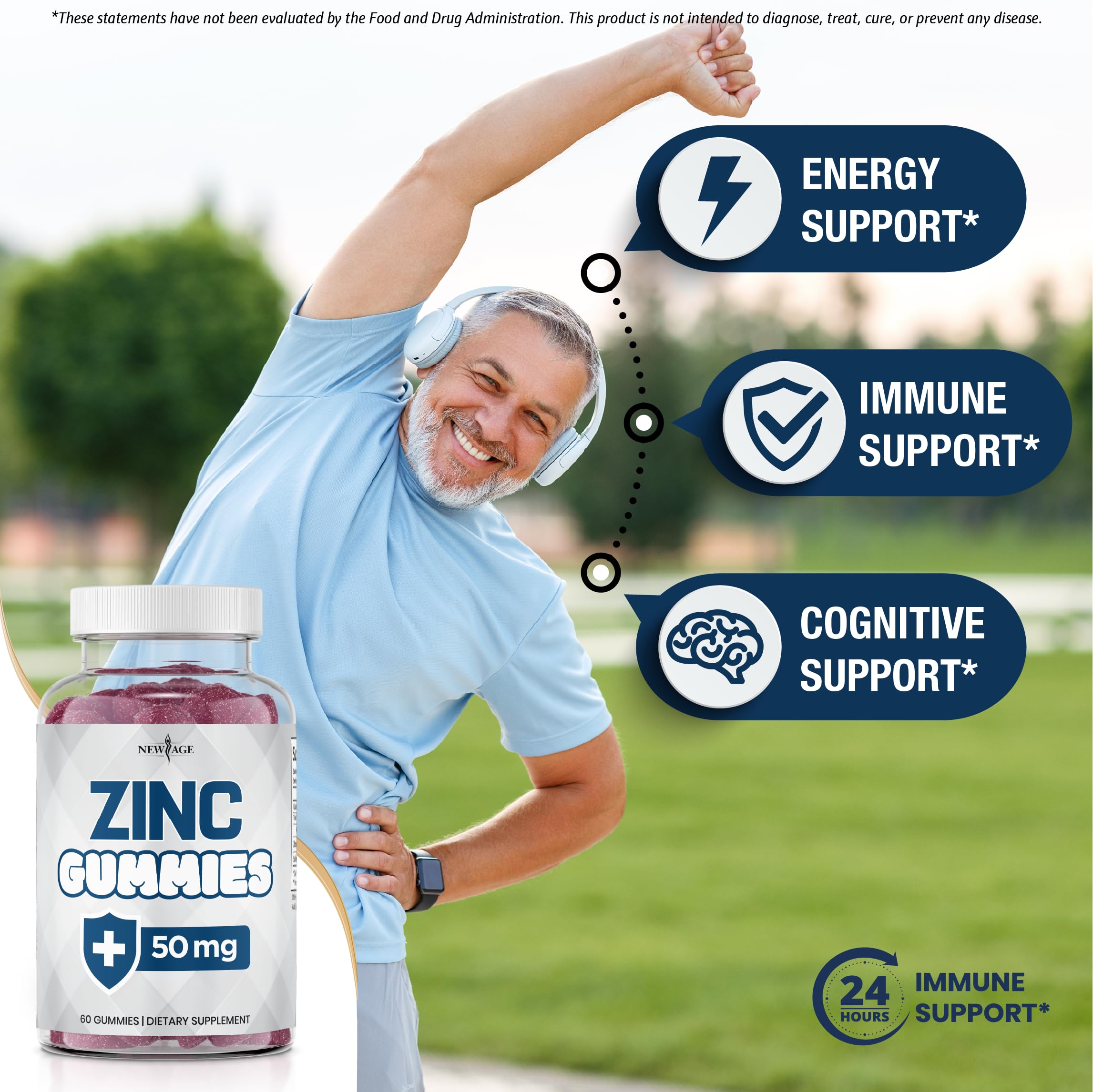 NEW AGE Zinc Gummies bottle closeup, purity and potency visible.