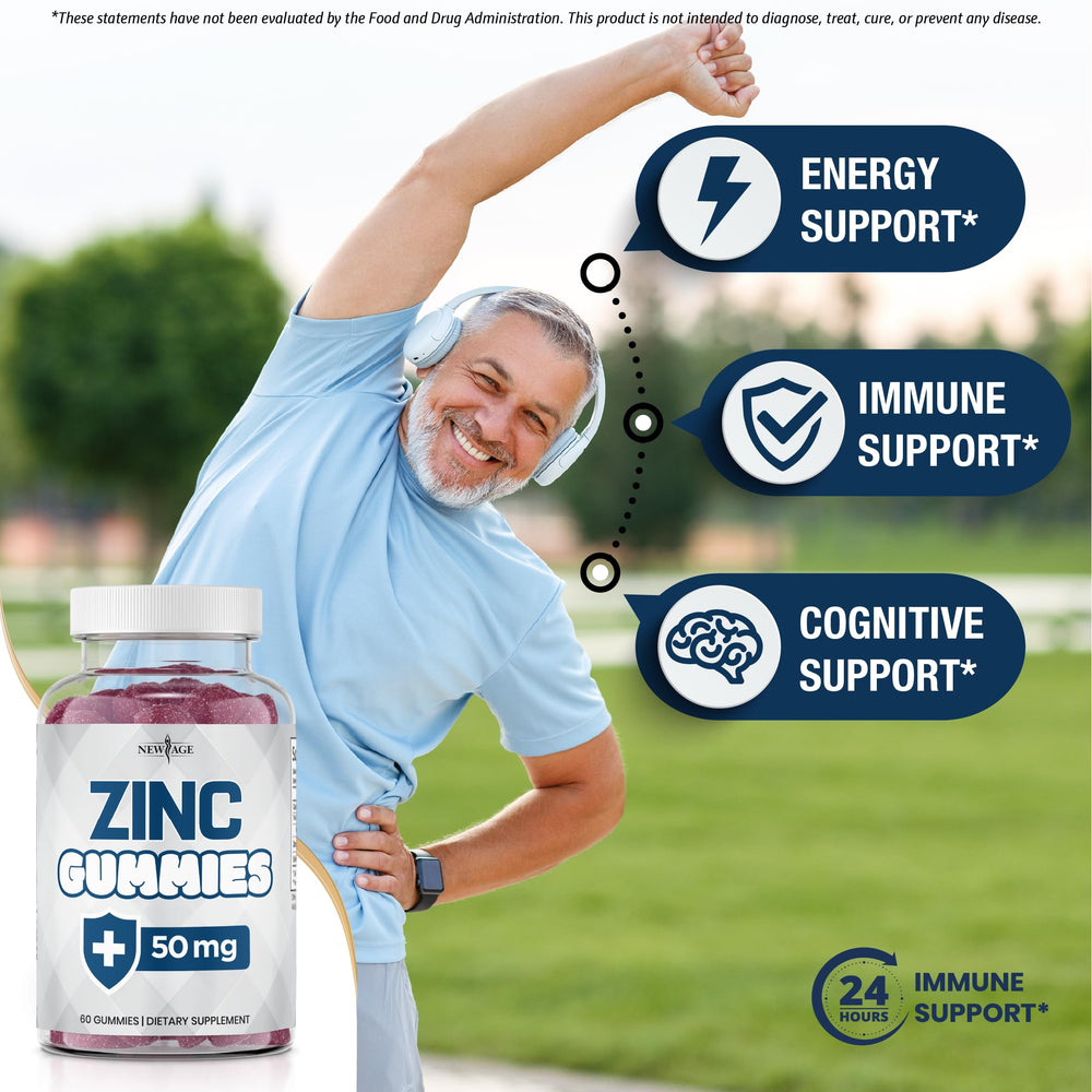 NEW AGE Zinc Gummies bottle closeup, purity and potency visible.