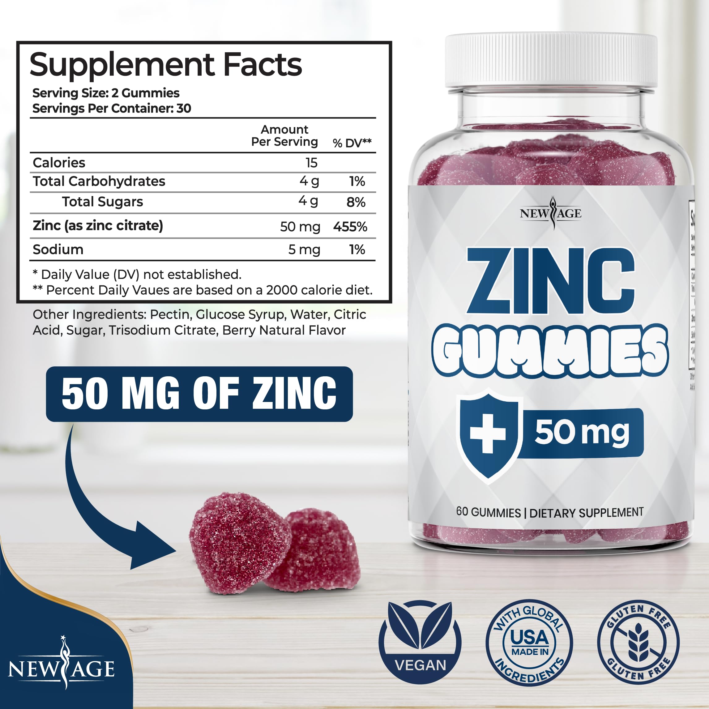 NEW AGE Zinc Gummies bottle front, soft chew with fruity aroma.