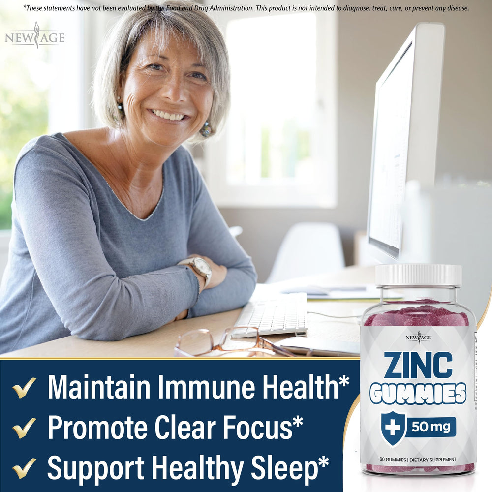NEW AGE Zinc Gummies pour, chewy texture and pleasant flavor.