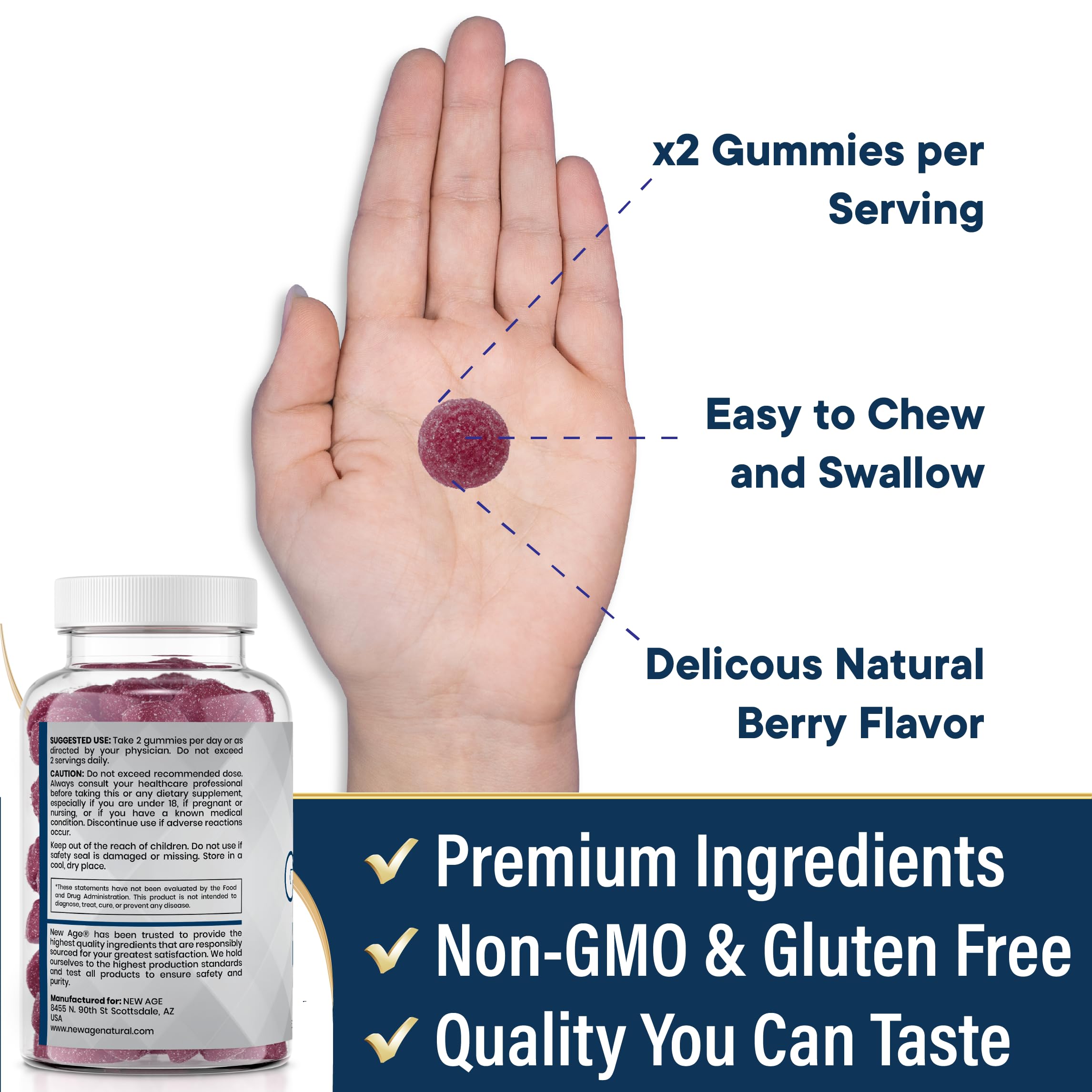 NEW AGE Zinc Gummies ingredients panel, non-GMO and allergen-free formulation.