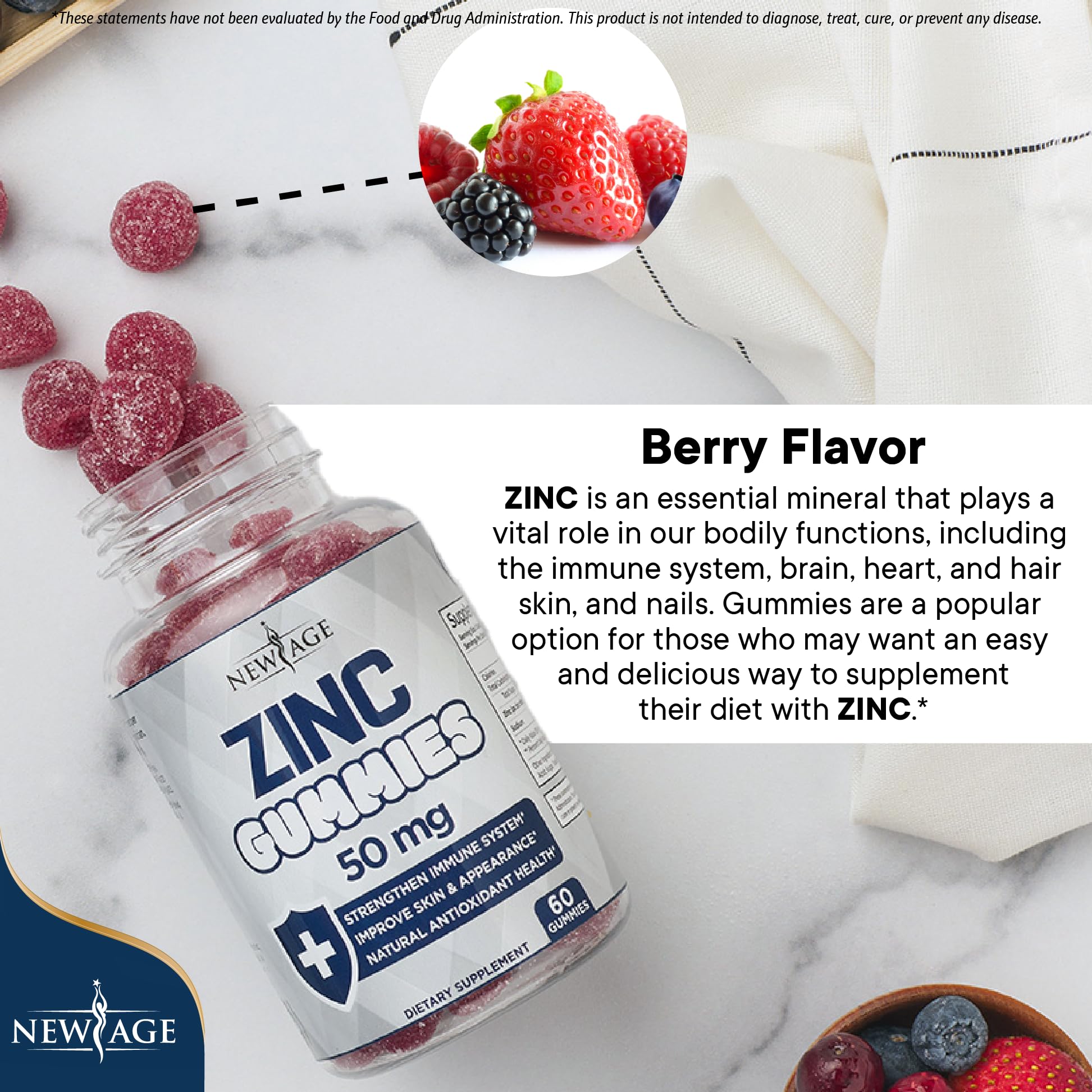 NEW AGE Zinc Gummies label details, GMP manufacturing and lab-tested purity.