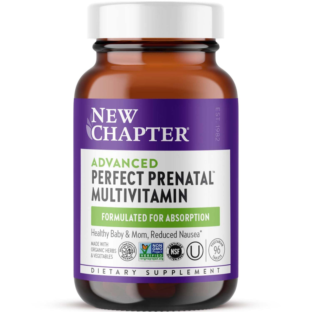 New Chapter Advanced Perfect Prenatal bottle closeup emphasizing easy-to-swallow tablets for busy mornings