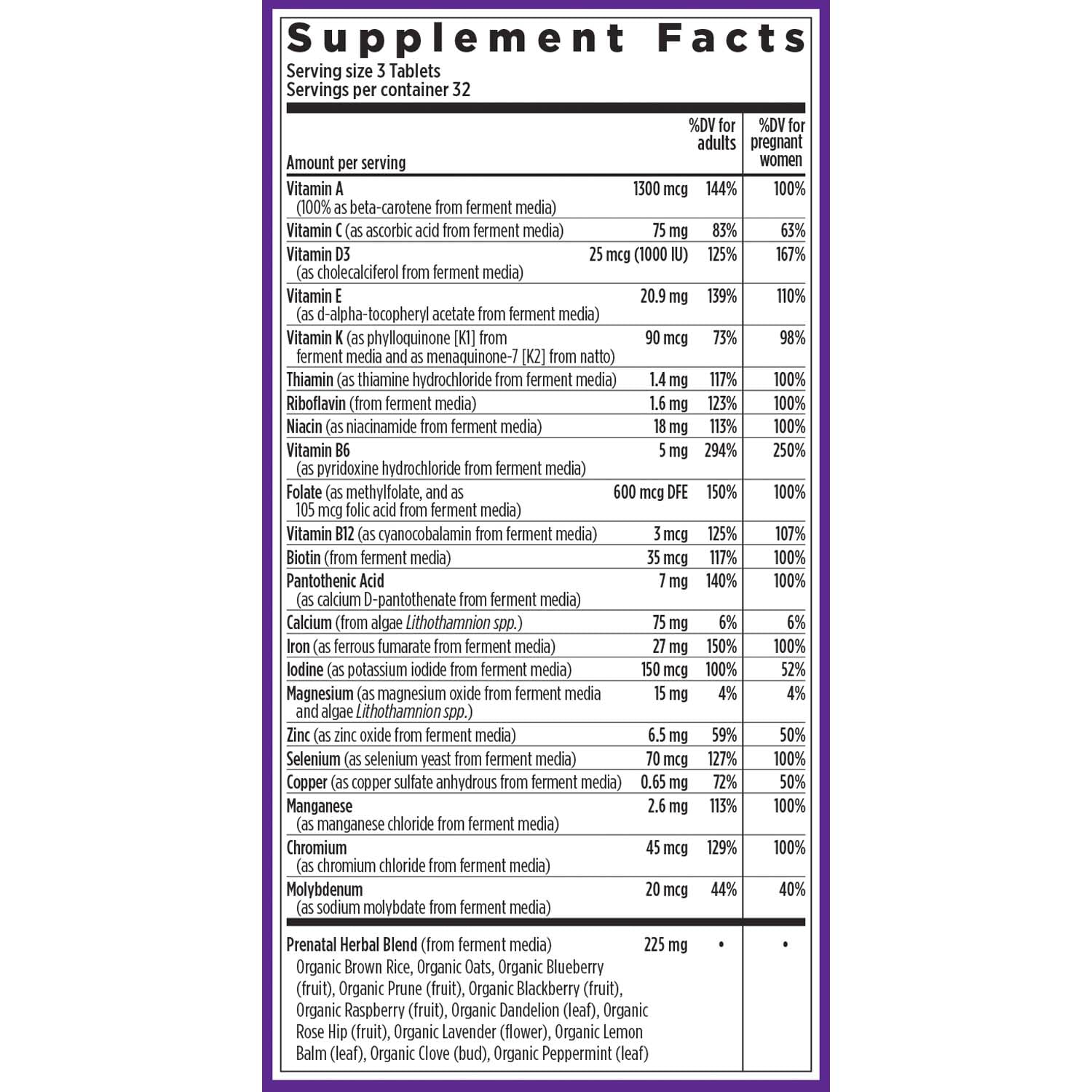 New Chapter Advanced Perfect Prenatal organic vegetables and herbs label closeup
