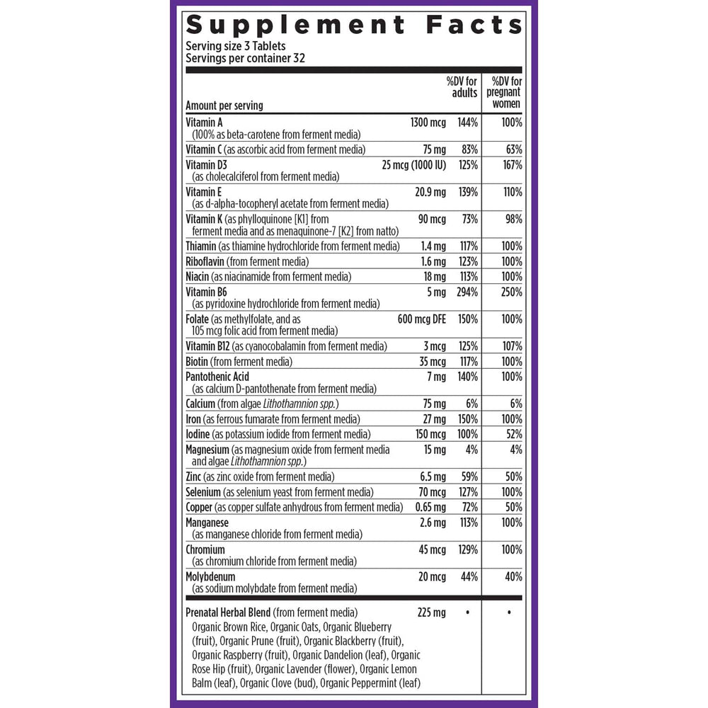New Chapter Advanced Perfect Prenatal organic vegetables and herbs label closeup