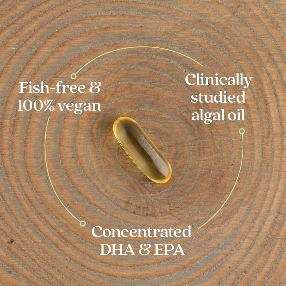 New Chapter algae oil label close-up shows plant-based DHA & EPA source.