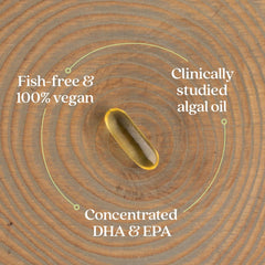 New Chapter algae oil label close-up shows plant-based DHA & EPA source.
