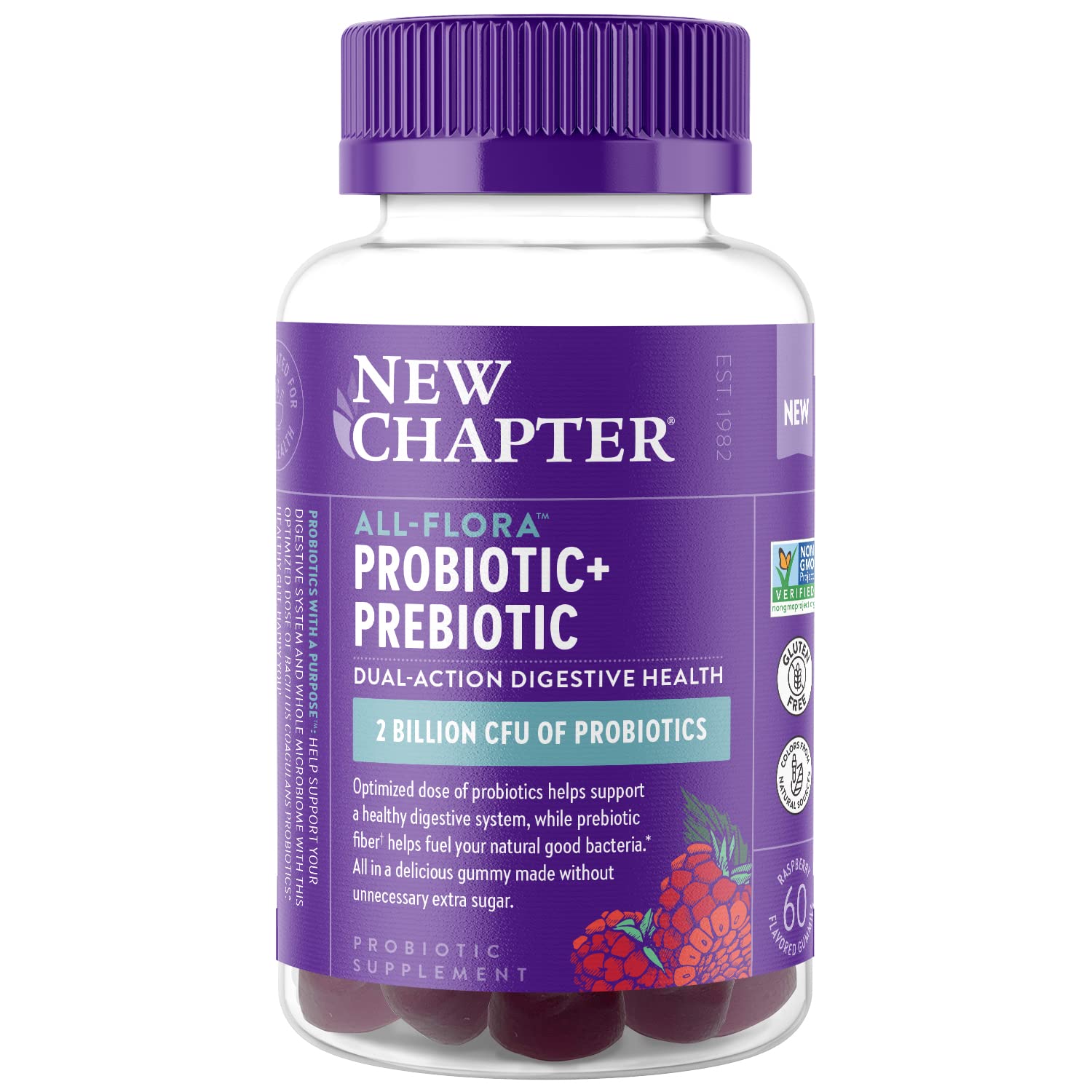 New Chapter All-Flora gummies packaging front shows vegan, non-GMO daily digestion support.