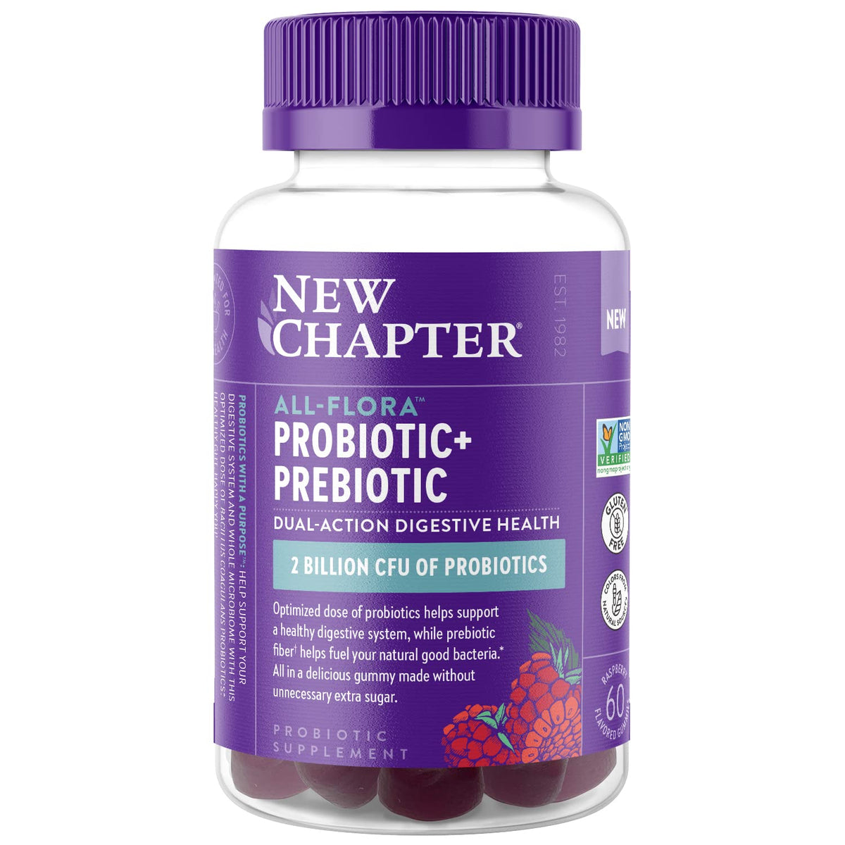 New Chapter All-Flora gummies packaging front shows vegan, non-GMO daily digestion support.