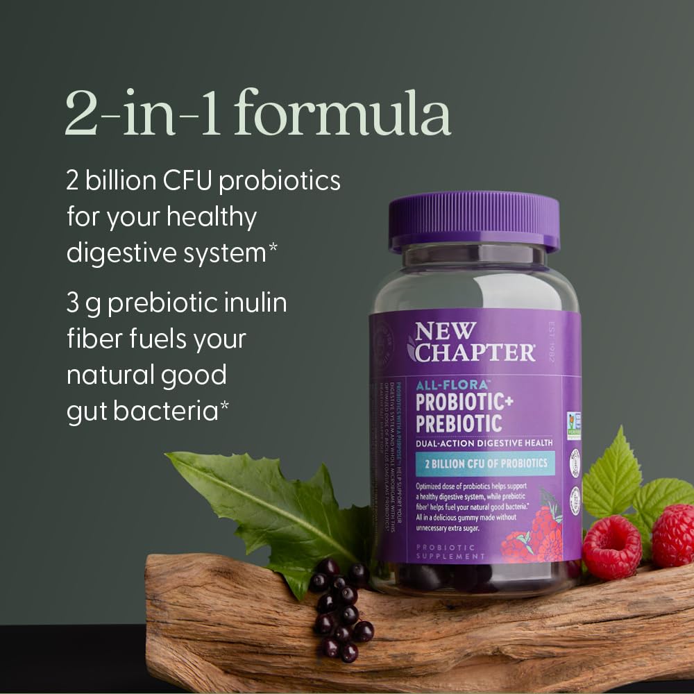 New Chapter All-Flora ingredient shot shows prebiotic fiber fueling gut bacteria.