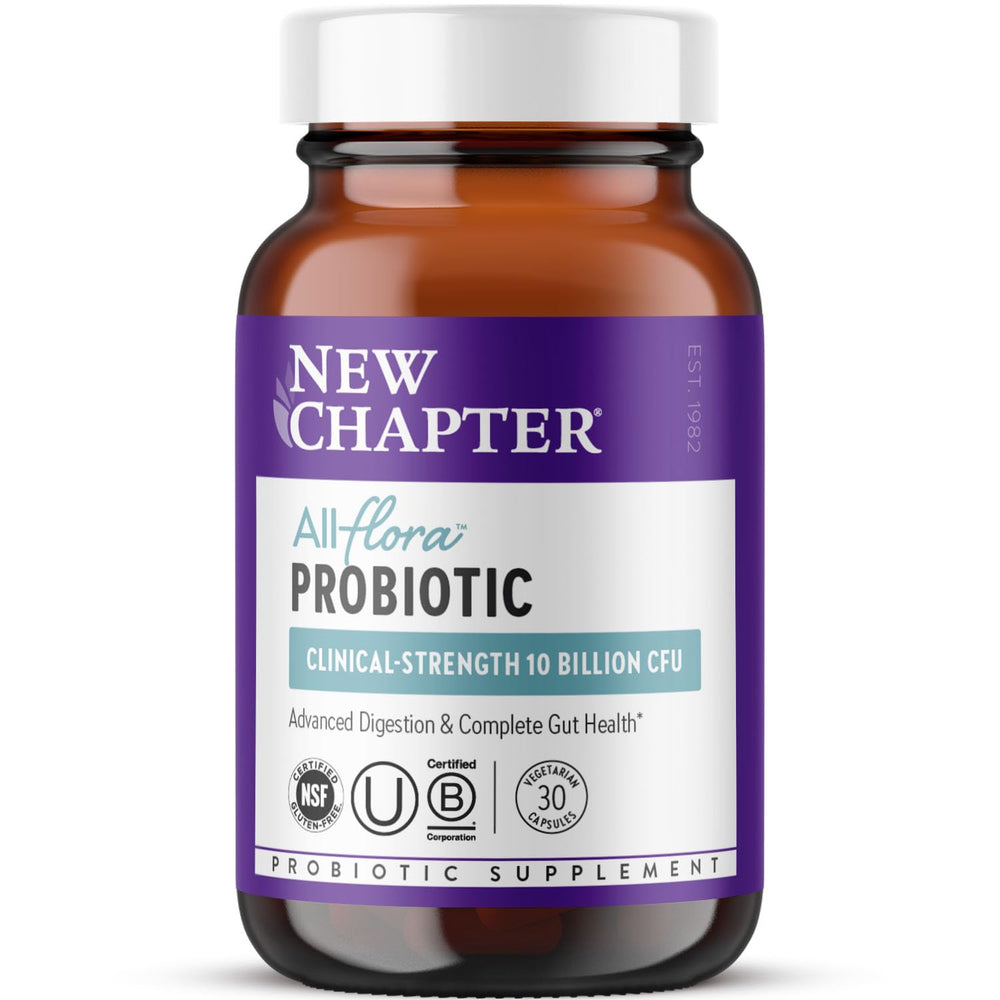 New Chapter All-Flora Probiotic bottle with capsules supports daily gut balance.