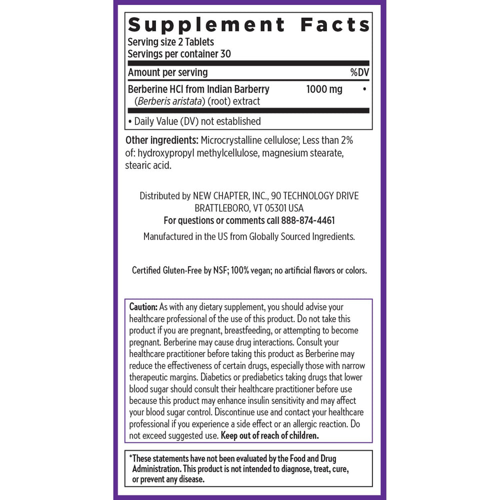 Packaging box of New Chapter Berberine signals clean, gluten-free vegan supplement.
