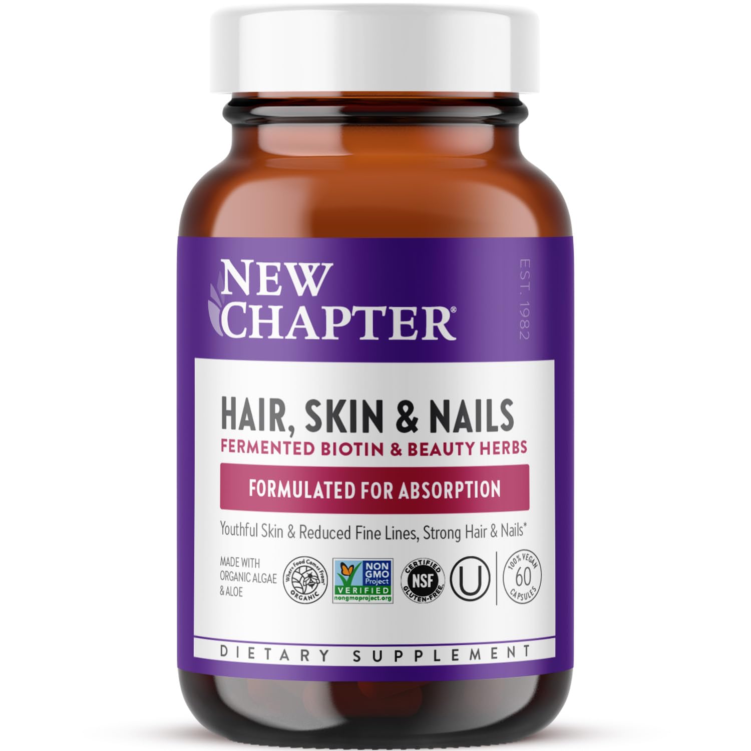 New Chapter Biotin supplement in amber bottle supports daily wellness for hair and skin.