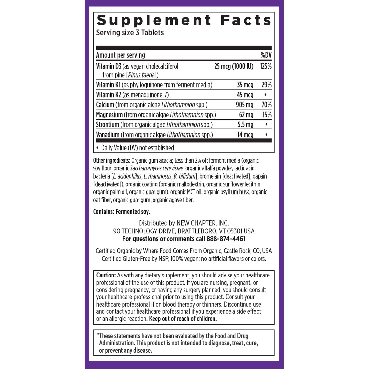 USDA Organic, Non-GMO Project Verified, vegan calcium.