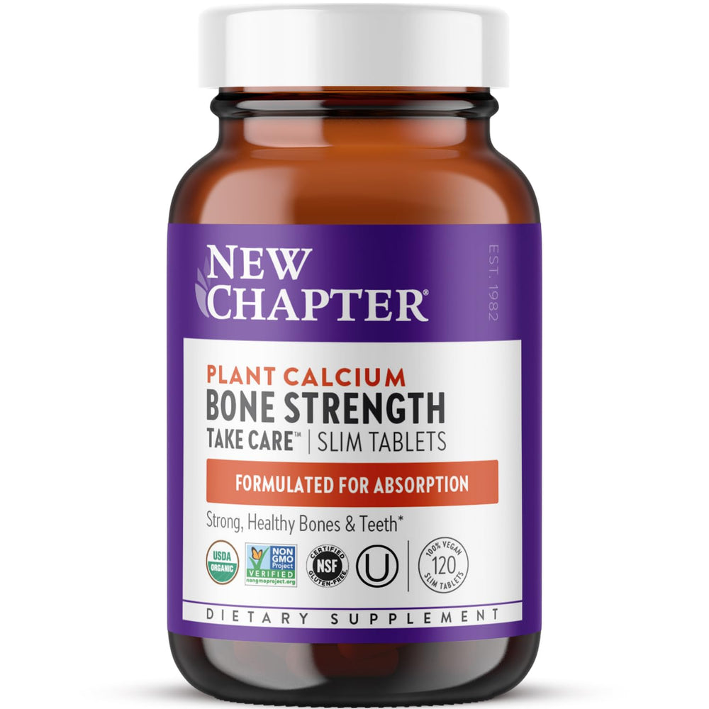 New Chapter calcium supplement bottle front, showing organic plant-based bone support formula.