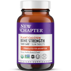 New Chapter calcium supplement bottle front, showing organic plant-based bone support formula.