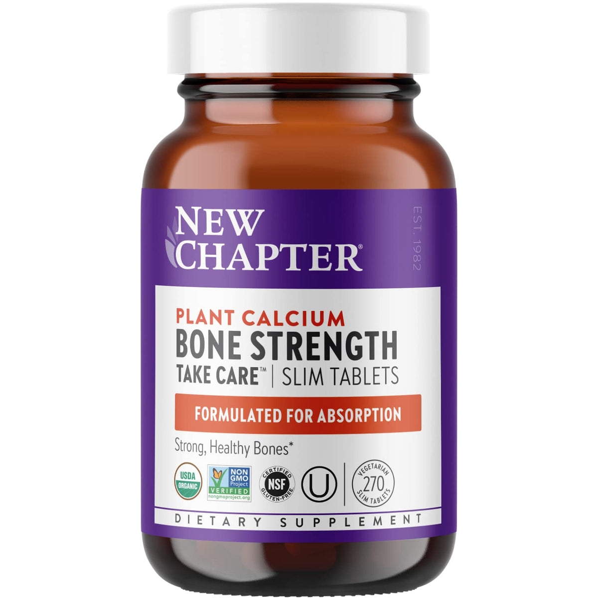New Chapter Calcium Supplement bottle showing plant based calcium in a compact easy to swallow form for daily use